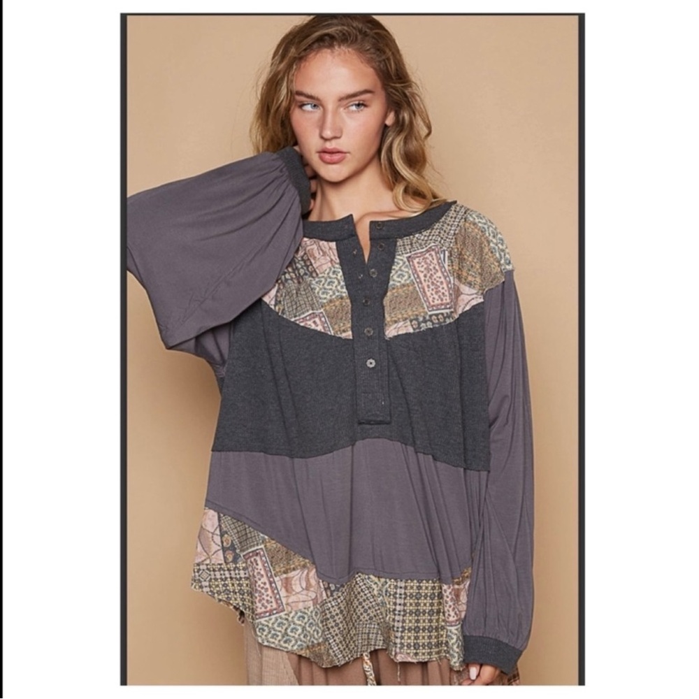 Pol Women's Patchwork Charcoal Blouse - image 2